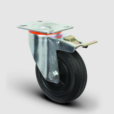 EM01MKR100F Döner Tablalı Frenli Plastik-Kauçuk Tekerlek Çap:100 Hafif Sanayi Tekerleği, Oynak Tabla Bağlantılı, Burçlu
