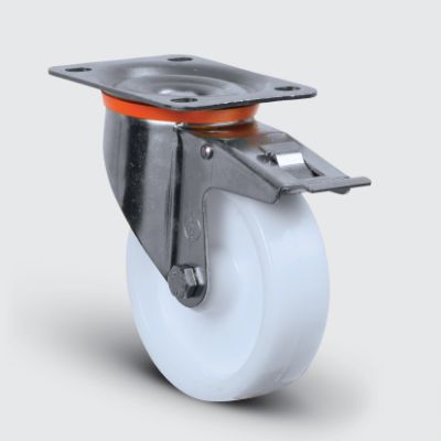 SSEZ01HKZ125F Paslanmaz Döner Tablalı Frenli Poliamid Tekerlek Çap:125 Ağır Tip Inox Sanayi Tekerleği Oynak Tabla Bağlantılı Burçlu 125x40
