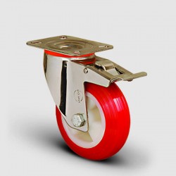 SSEM01ZKP200F Paslanmaz Döner Tablalı Frenli Poliüretan Tekerlek Çap:200 Inox Hafif Sanayi Tekerleği Burçlu Oynak Tabla Bağlantılı Poliamid Üzeri Poliüretan Kaplı - EMES
