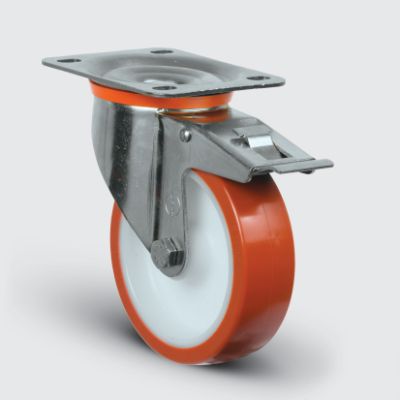 SSEZ01ZKP100F Paslanmaz Döner Tablalı Poliüretan Frenli Tekerlek Çap:100 Ağır Tip Inox Sanayi Tekerleği Oynak Tabla Bağlantılı Burçlu Rulmanlı Poliamid Üzeri Poliüretan Kaplı100x35 - 1