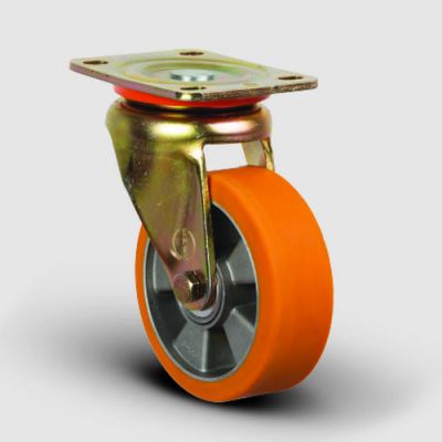 EMES - ED01ABP150 Döner Tablalı Alüminyum Üzeri Poliüretan Kaplı Tekerlek Çap:150 Ağır Sanayi Tekerleği Sarı Maşalı Oynak Tabla Bağlantılı Bilya Rulmanlı
