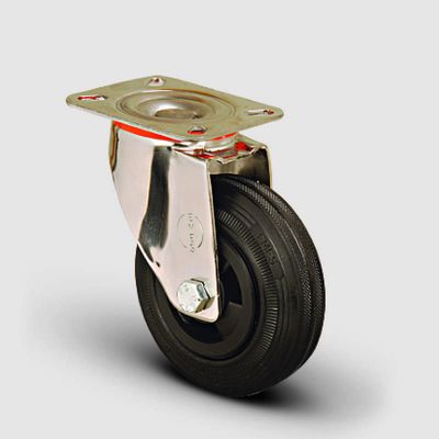 SSEM01MKR100 Paslanmaz Döner Tablalı Kauçuk Tekerlek Çap:100 Inox Hafif Sanayi Tekerleği Burçlu Oynak Tabla Bağlantılı
