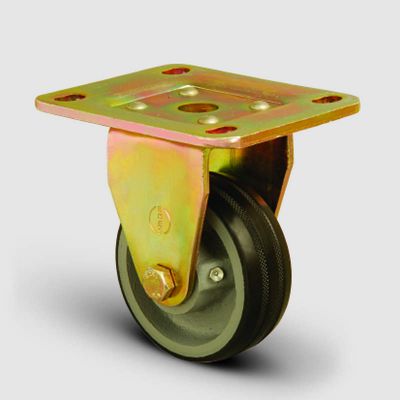 EMES - ED02VBR100 Sabit Maşalı Döküm Üzeri Kauçuk Kaplı Tekerlek Çap:100 Ağır Sanayi Tekerleği Sarı Maşa Sabit Tabla Bağlantılı Bilya Rulmanlı