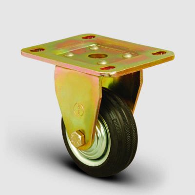 ED02SPR100 Sabit Maşalı Tablalı Kauçuk Kaplı Tekerlek Çap:100 Ağır Sanayi Tekerleği Sarı Maşa Sabit Tabla Bağlantılı Burçlu