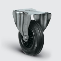 SSEZ02MKR150 Paslanmaz Sabit Maşalı Kauçuk Tekerlek Çap:150 Ağır Tip Inox Sanayi Tekerleği Sabit Tabla Bağlantılı Burçlu Poliproilen Üzeri Kauçuk Kaplı 150x45 - EMES