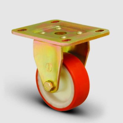 ED02ZBP100 Sabit Maşalı Poliüretan Kaplı Tekerlek Çap:100 Ağır Sanayi Tekerleği Sarı Maşalı Sabit Tabla Bağlantılı Bilya Rulmanlı