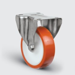 SSEZ02ZKP150 Paslanmaz Sabit Maşalı Poliüretan Tekerlek Çap:150 Ağır Tip Inox Sanayi Tekerleği Sabit Tabla Bağlantılı Burçlu Poliamid Üzeri Poliüretan Kaplı150x45 - EMES