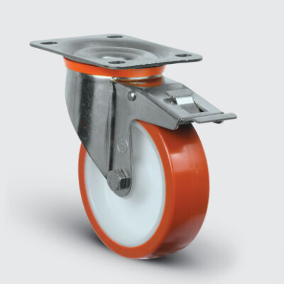 SSEZ01ZKP125F Paslanmaz Döner Tablalı Poliüretan Frenli Tekerlek Çap:125 Ağır Tip Inox Sanayi Tekerleği Oynak Tabla Bağlantılı Burçlu Rulmanlı Poliamid Üzeri Poliüretan Kaplı125X40 - 1